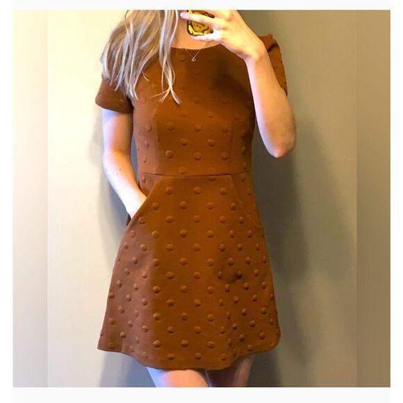 Anthropologie Hutch NEW Brown Textured Polka Dot Pocketed Mini Fit & Flare Dress - Picture 1 of 8